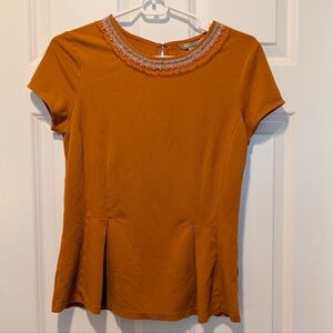 Banana Republic Fulvous Pumpkin Orange Peplum Top W Embellished Jewel Collar 10